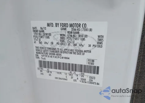 2012 Ford F-150 Xlt from USA, damaged, VIN 1FTFX1ET3CFC41664